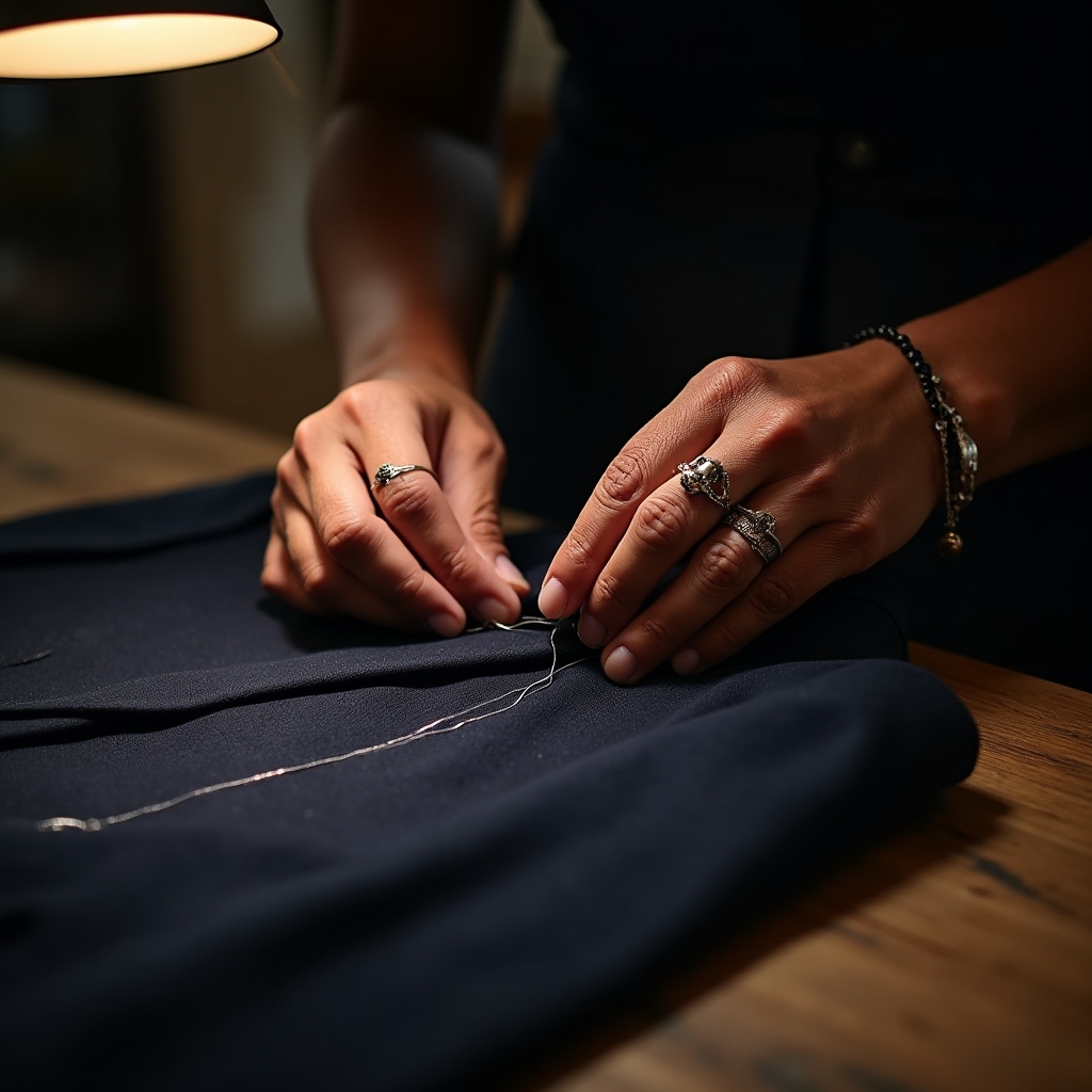 Sarto che esegue una modifica su un abito elegante in sartoria