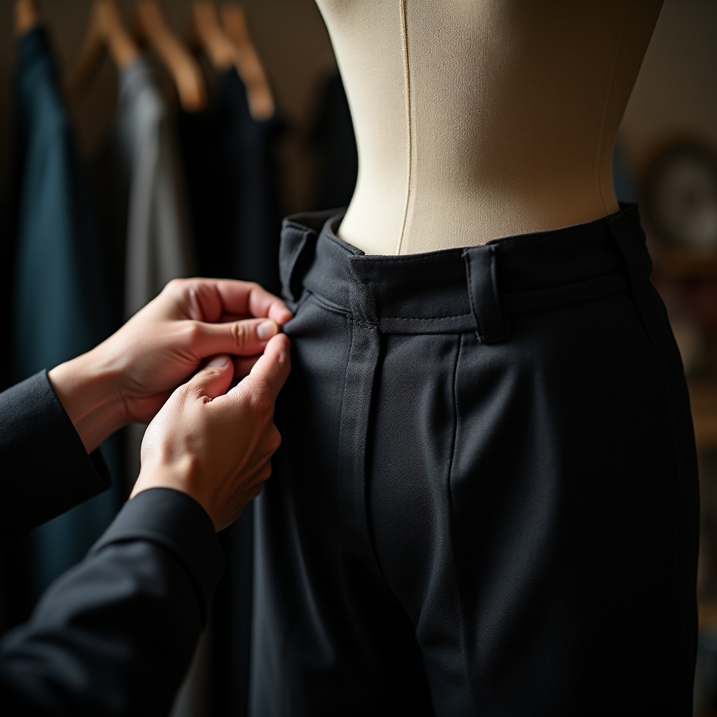 Sarto che accorcia l'orlo di un pantalone su tavolo da lavoro