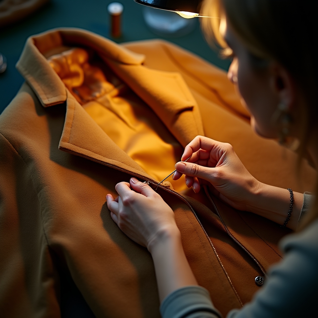 Sarto che sostituisce la fodera di un cappotto invernale in sartoria