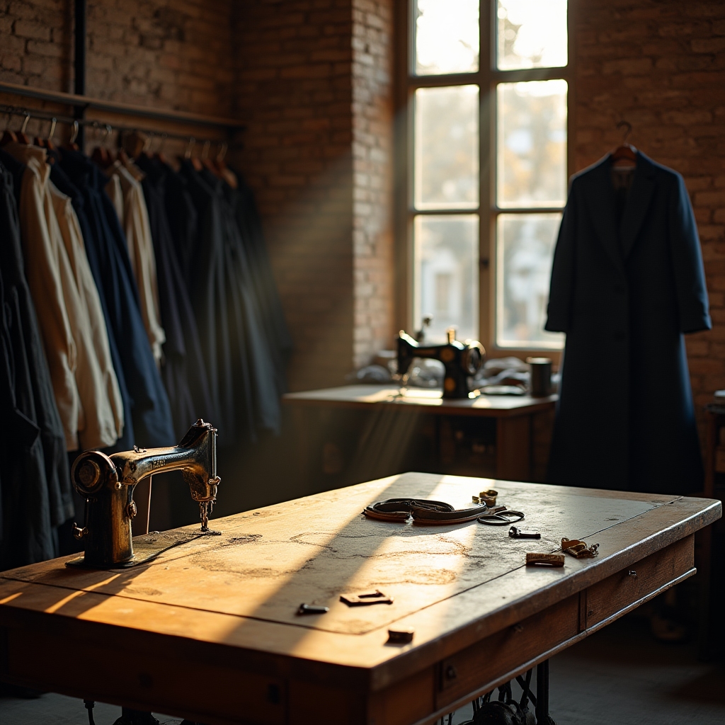 Interno di un atelier sartoriale milanese con stoffe pregiate e macchine da cucire