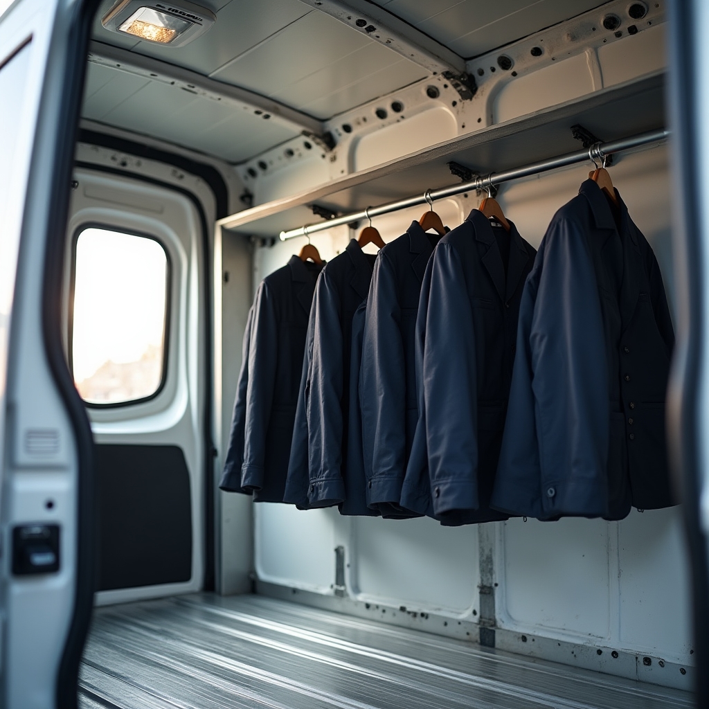 Veicolo attrezzato per il trasporto di capi sartoriali con barra portabiti interna
